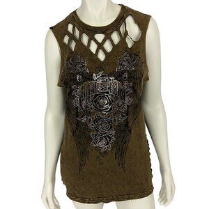 Affliction Women's Sleeveless Tank Top Wings & Roses Size L Distressed NWOT